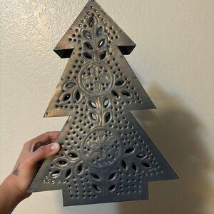 metal punched christmas tree 14” tea light candle silver tone